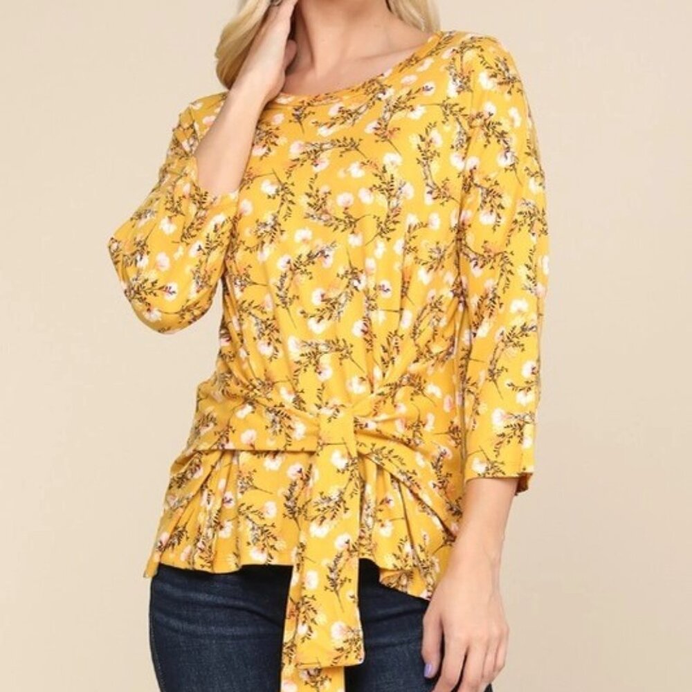 Floral Long Sleeve Front Tie Shirt Mustard Yellow